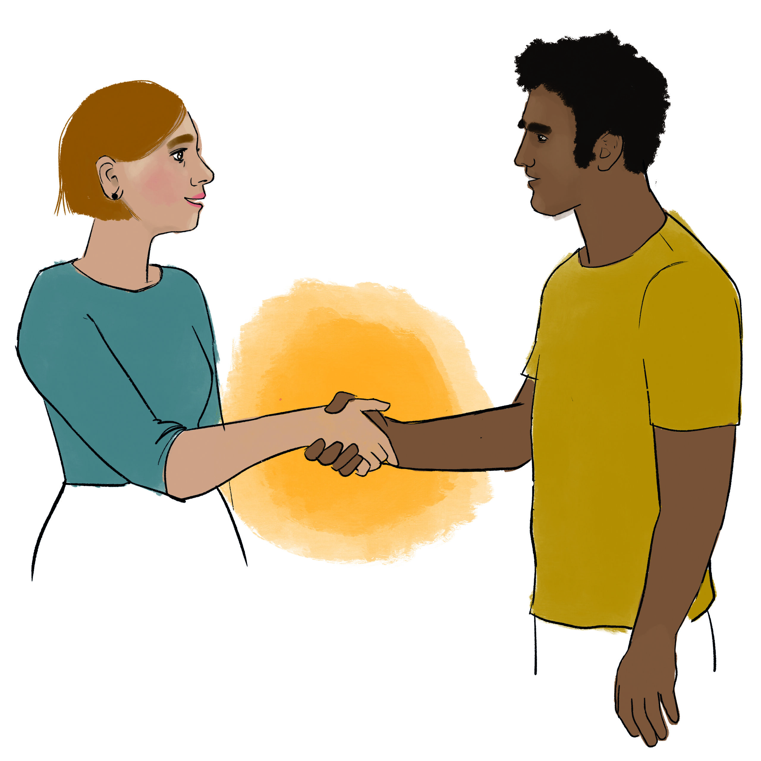 Eine Frau und ein Mann grüßen sich per Handschlag.
